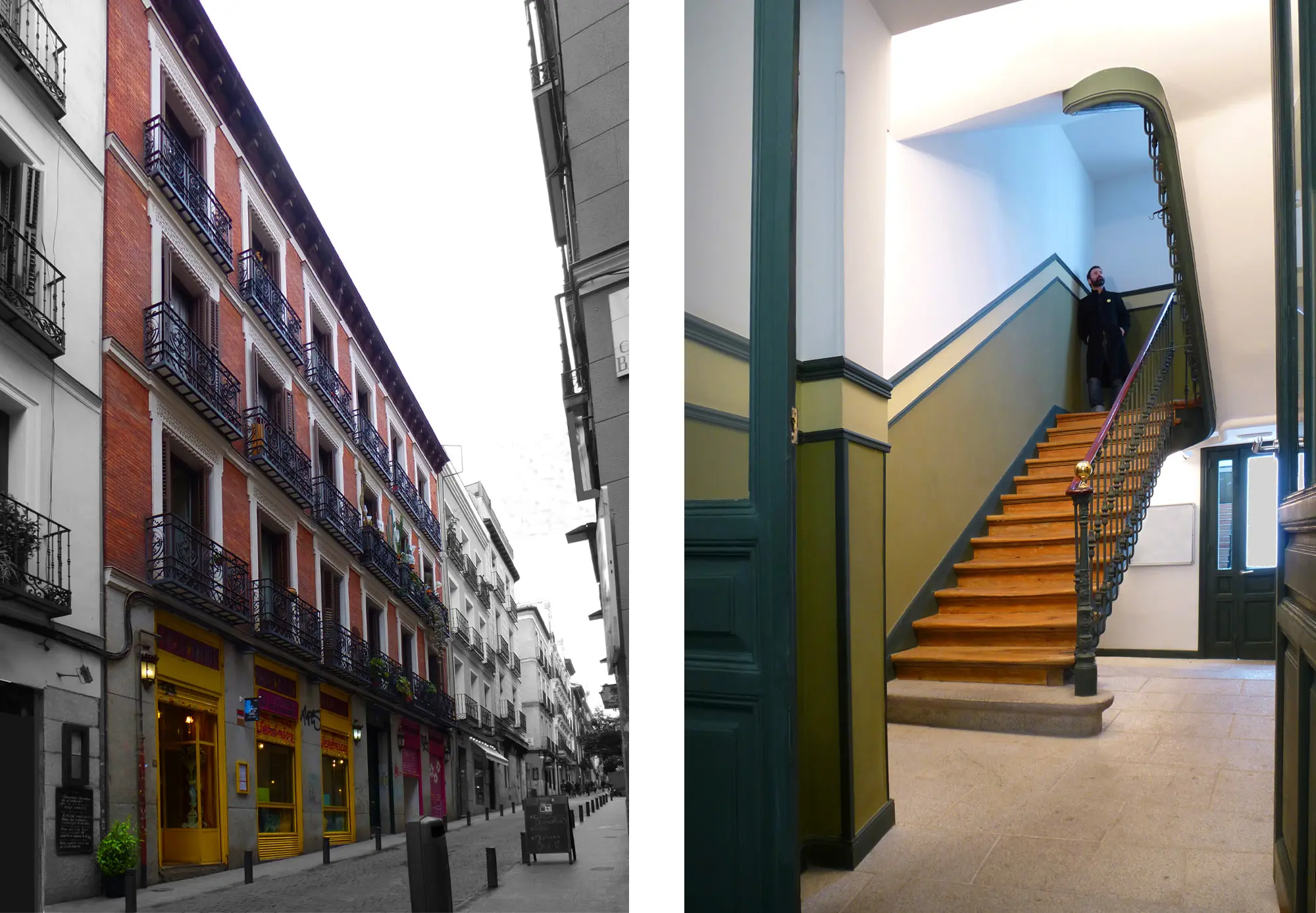 Imagen dividida: La izquierda muestra una estrecha calle europea con un edificio de ladrillo con balcones y tiendas en la planta baja. A la derecha, el hueco de una escalera en el interior de un edificio, con una persona bajando unos escalones de madera.