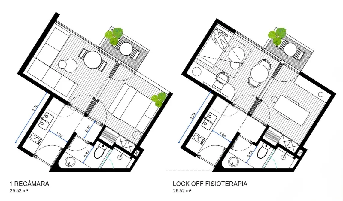 Dos planos arquitectónicos en blanco y negro. El plano de la izquierda se titula "1 Recámara" y muestra un dormitorio, un cuarto de baño y un balcón. El plano de la derecha se titula "Lock Off Fisioterapia" y muestra una suite terapéutica con cuarto de baño y balcón.