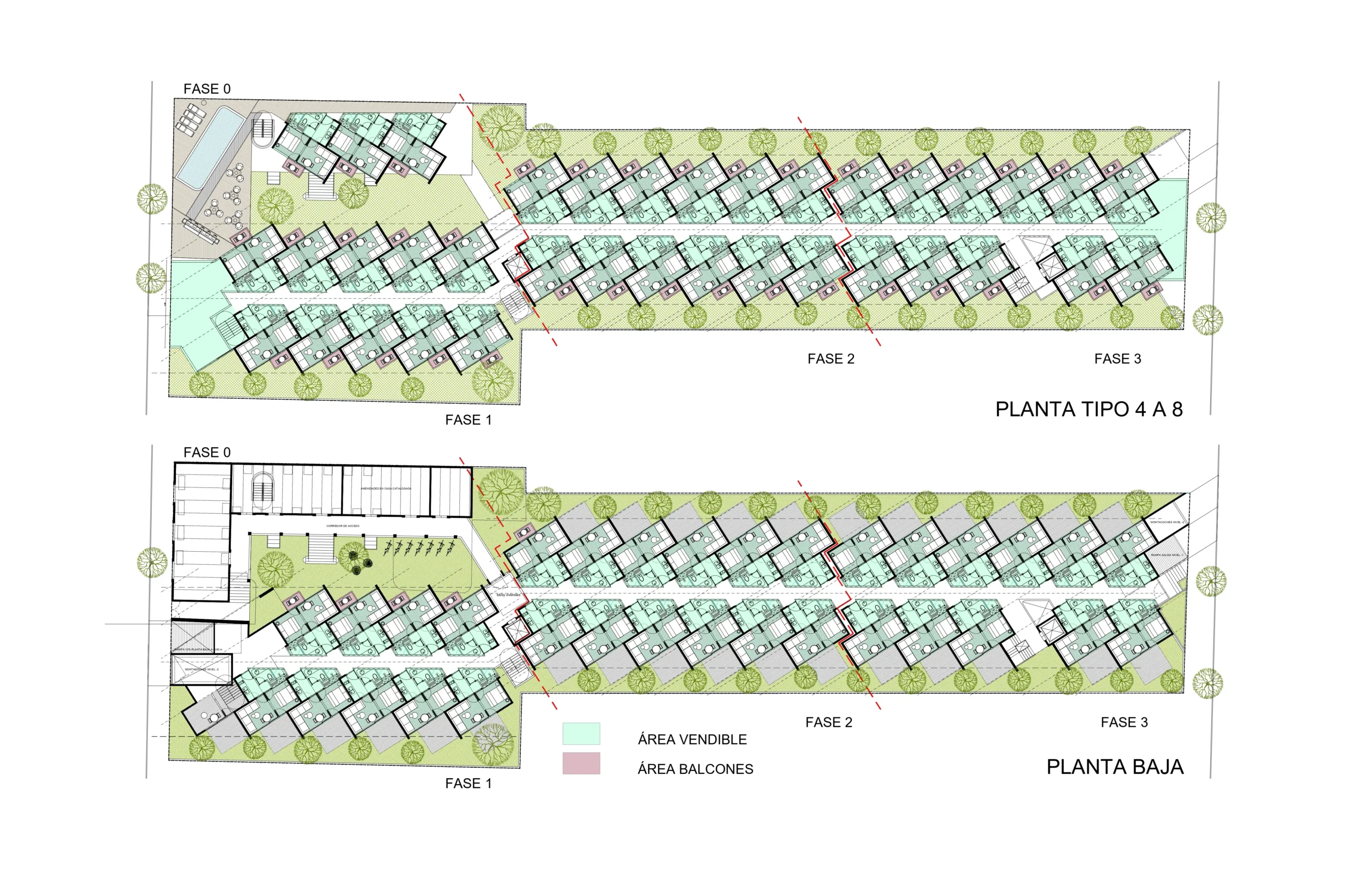Plano arquitectónico que muestra dos niveles (planta baja y plantas tipo) de un complejo residencial, dividido en fases, con zonas verdes ajardinadas, secciones etiquetadas y clave para zonas vendibles y balcones.