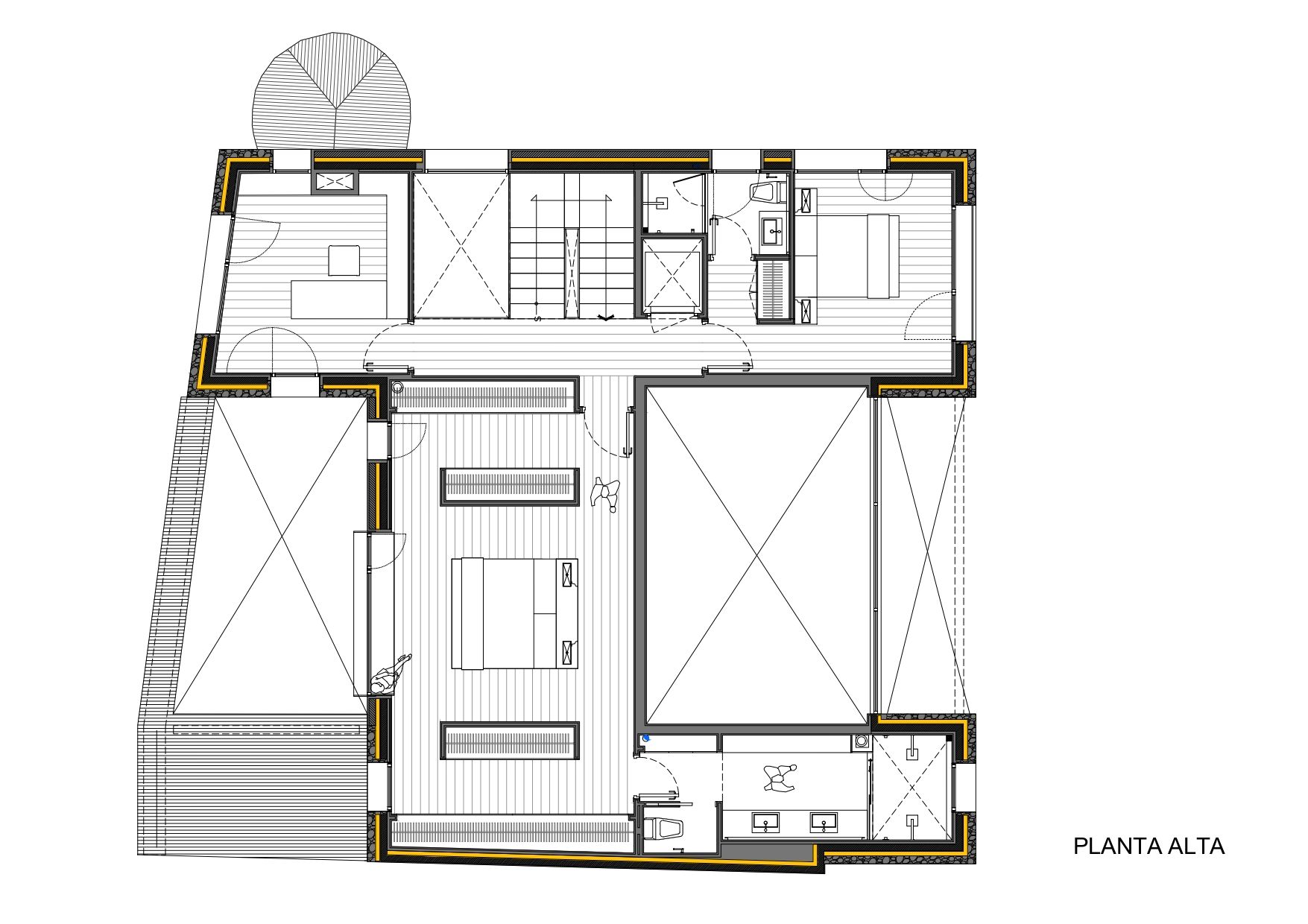 Plano arquitectónico titulado "PLANTA ALTA", que muestra una distribución con dormitorios, cuartos de baño, armarios, pasillos, una escalera y zonas de terraza exterior en la planta superior de una casa.