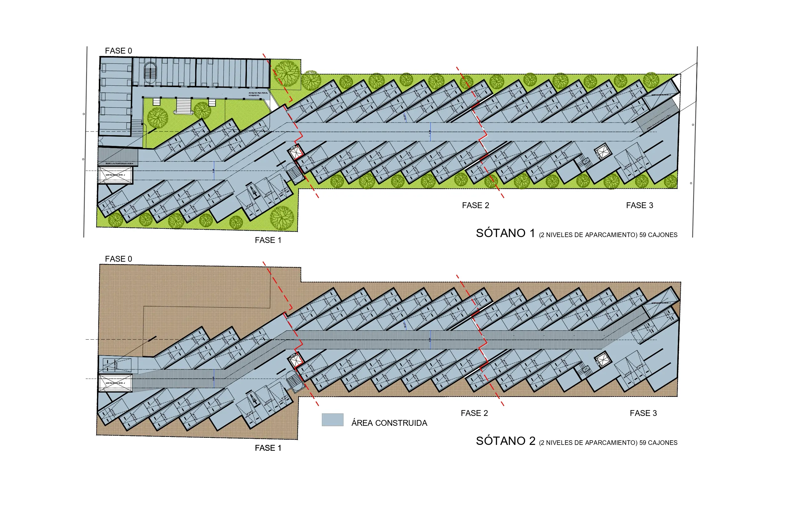 Planos arquitectónicos de dos plantas de aparcamiento en sótano, denominadas Sótano 1 y Sótano 2, que muestran plazas de aparcamiento en ángulo, rampas, vías de circulación, fases de construcción y zonas construidas marcadas.