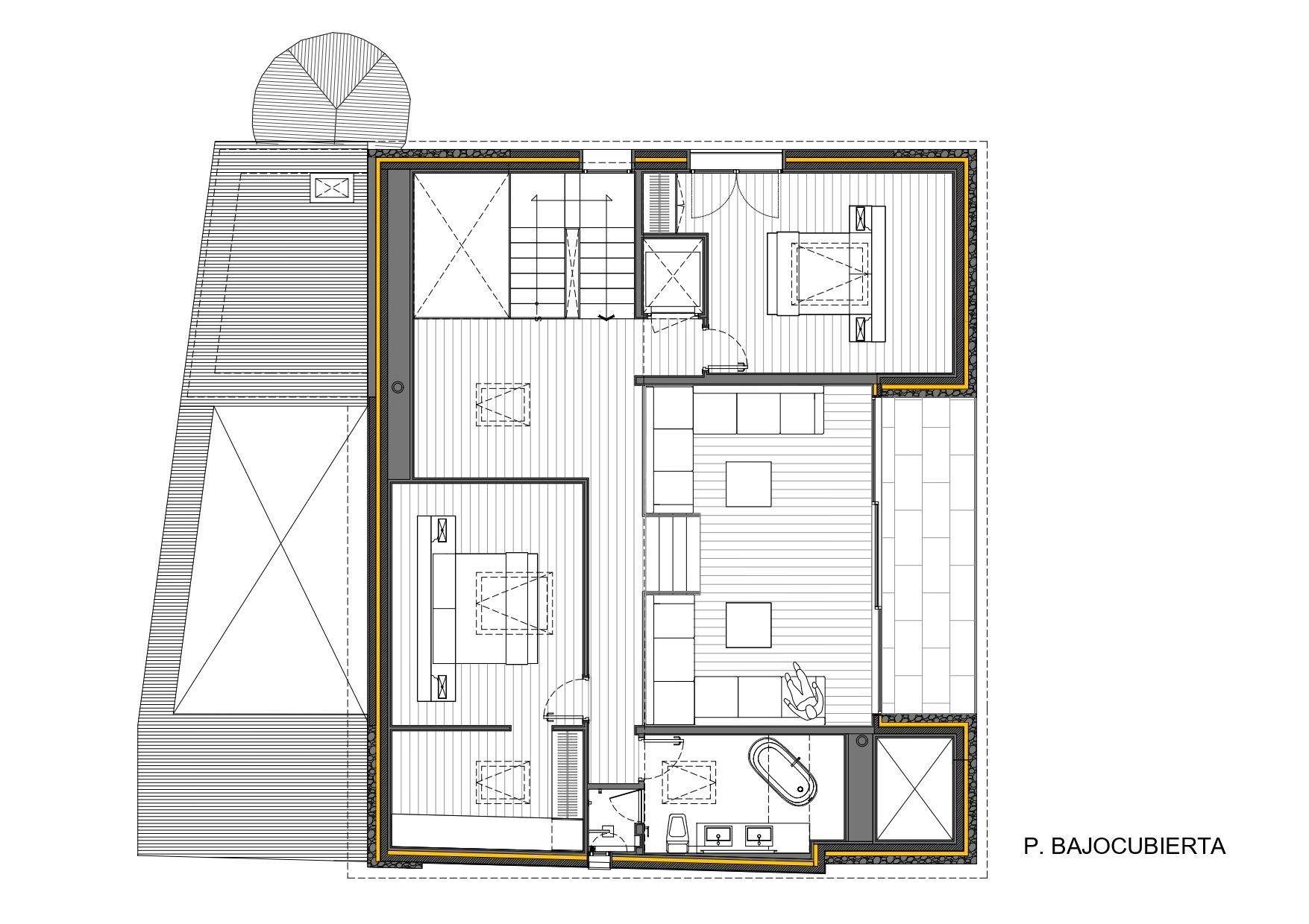 Plano arquitectónico que muestra un nivel superior con dos dormitorios, sala de estar, cuarto de baño con bañera, escaleras y terraza exterior. Se indican las puertas, las ventanas y la colocación de los muebles. Rotulado "P. BAJOCUBIERTA".