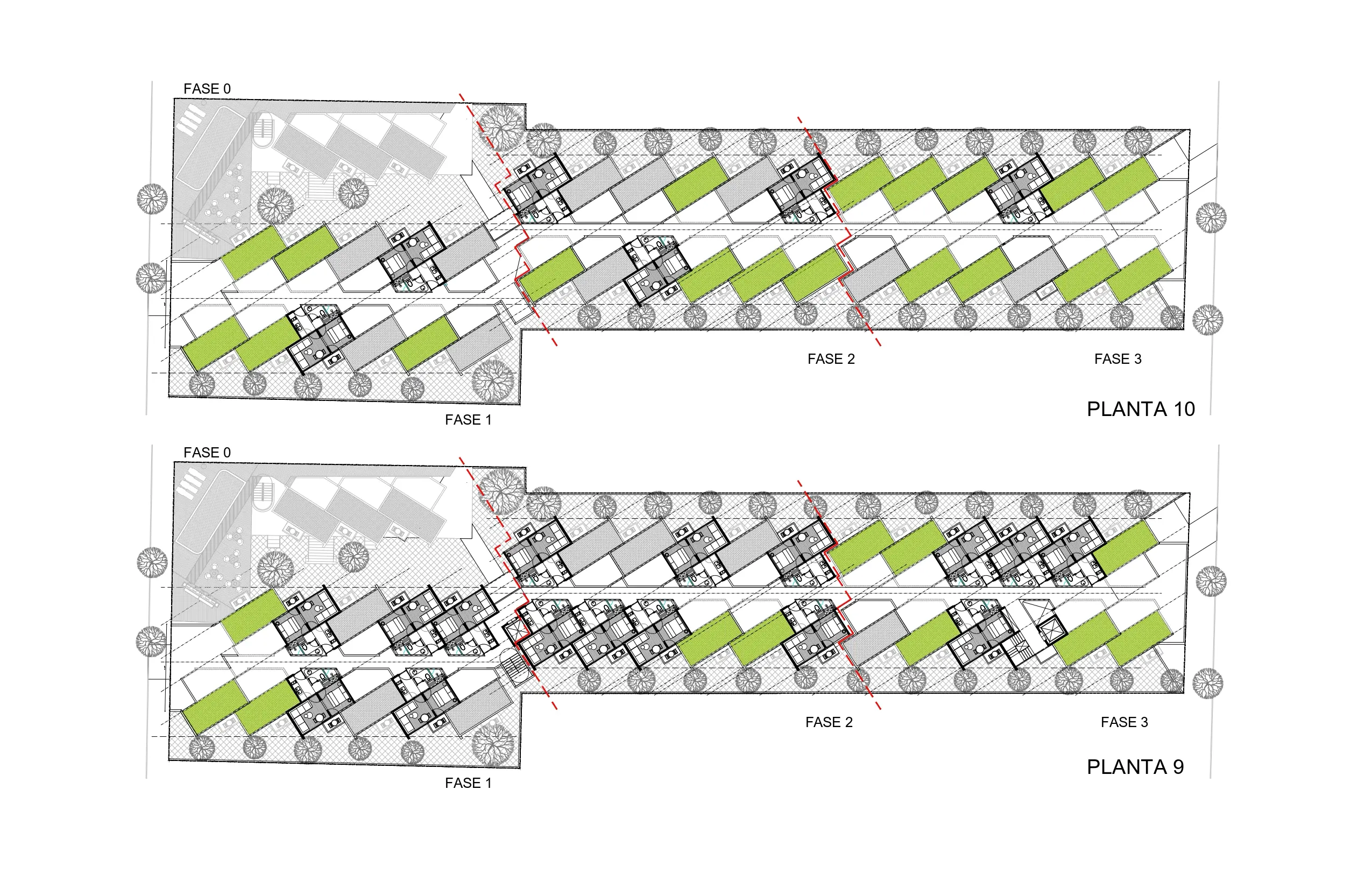 Los planos arquitectónicos denominados "PLANTA 9" y "PLANTA 10" muestran distribuciones escalonadas de los edificios divididas en cuatro fases, con espacios verdes rectangulares ajardinados y árboles a lo largo del perímetro.