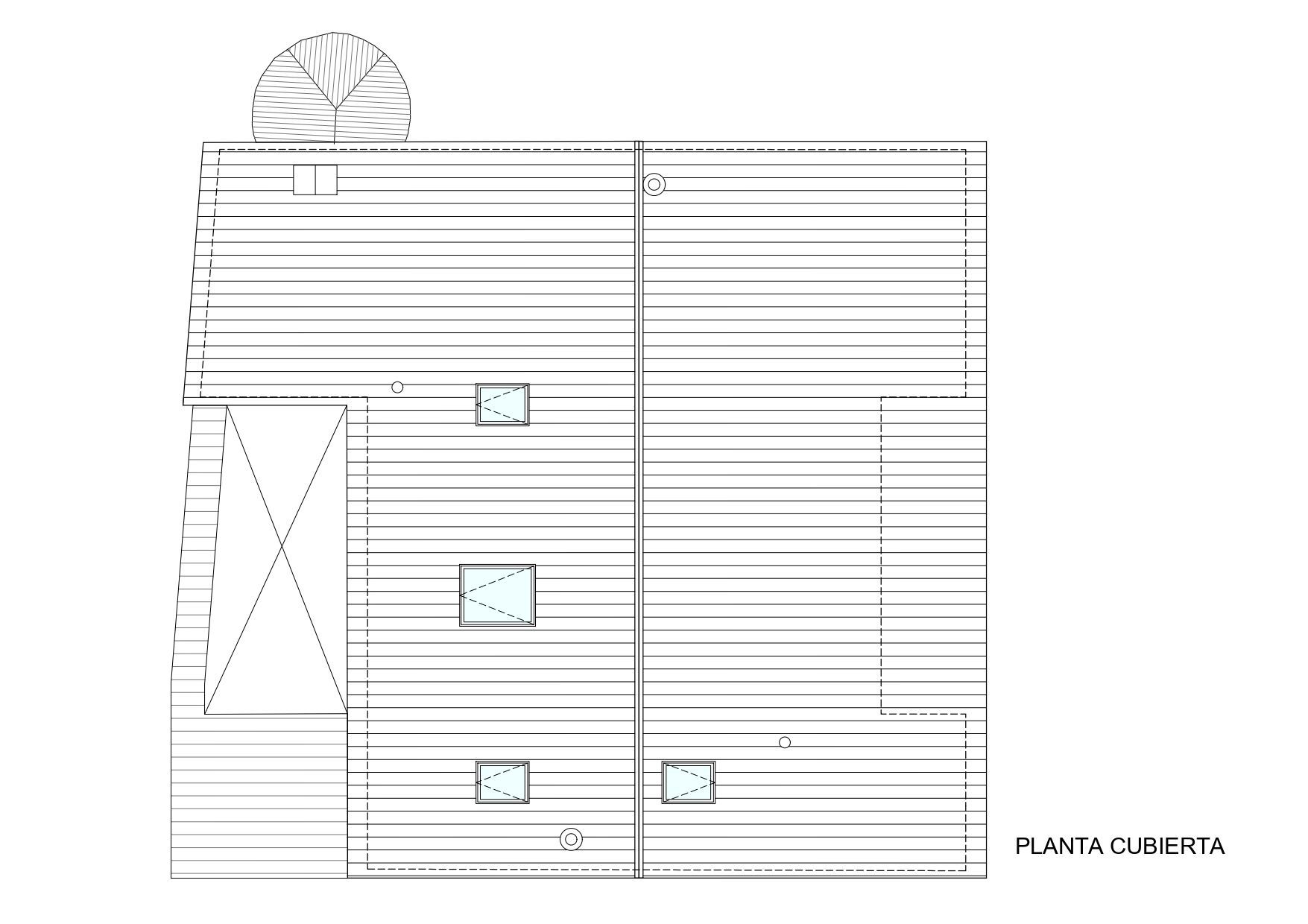 Plano arquitectónico del tejado titulado "PLANTA CUBIERTA", que muestra la disposición de un tejado a dos aguas con claraboyas, una escalera circular y diversos detalles del tejado.