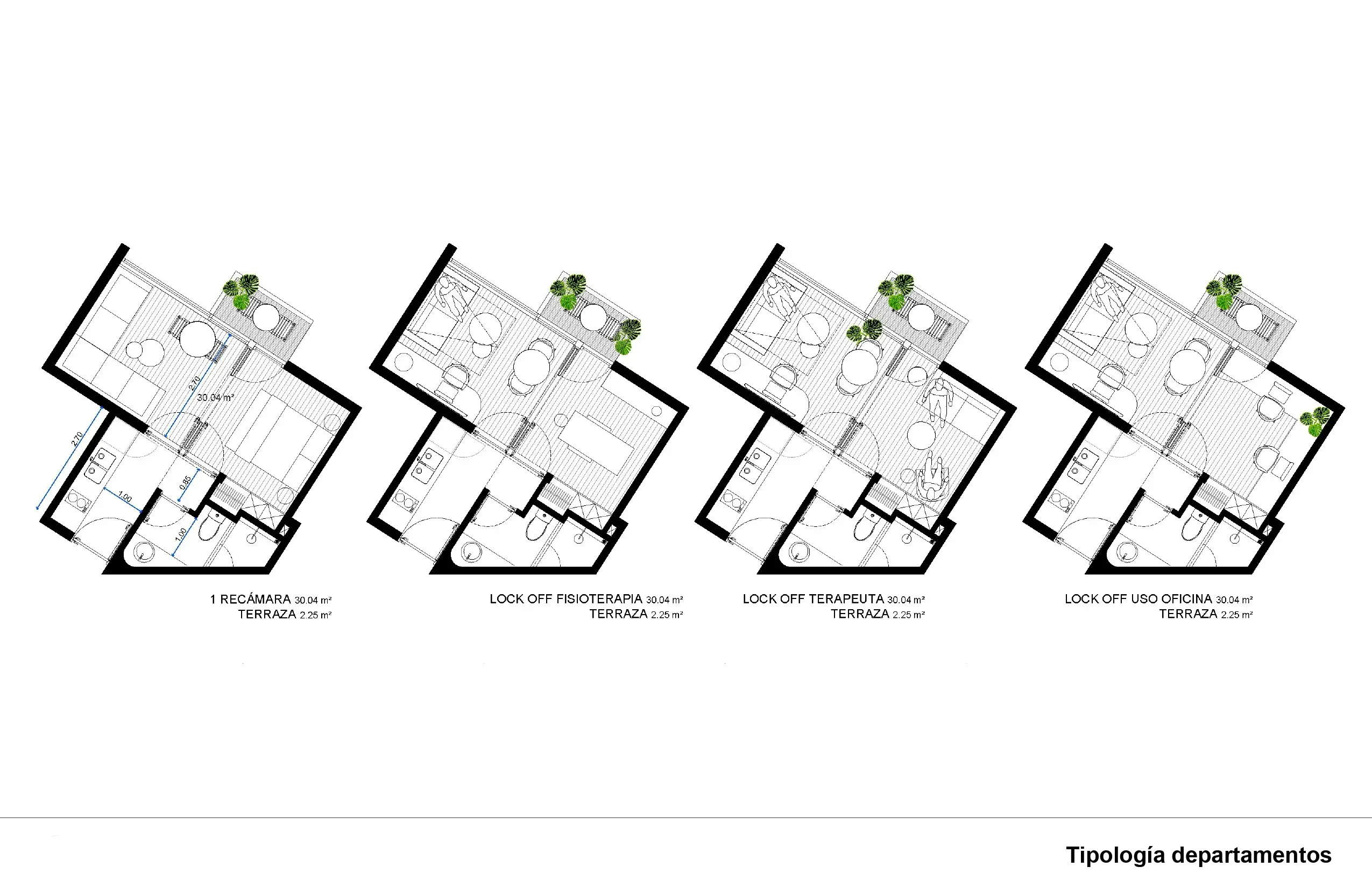 Cuatro planos en blanco y negro de diferentes tipos de apartamentos, cada uno con habitaciones, cuarto de baño y terraza etiquetados, y acompañados de algunas plantas verdes e ilustraciones de muebles. Título en español: "Tipología departamentos.