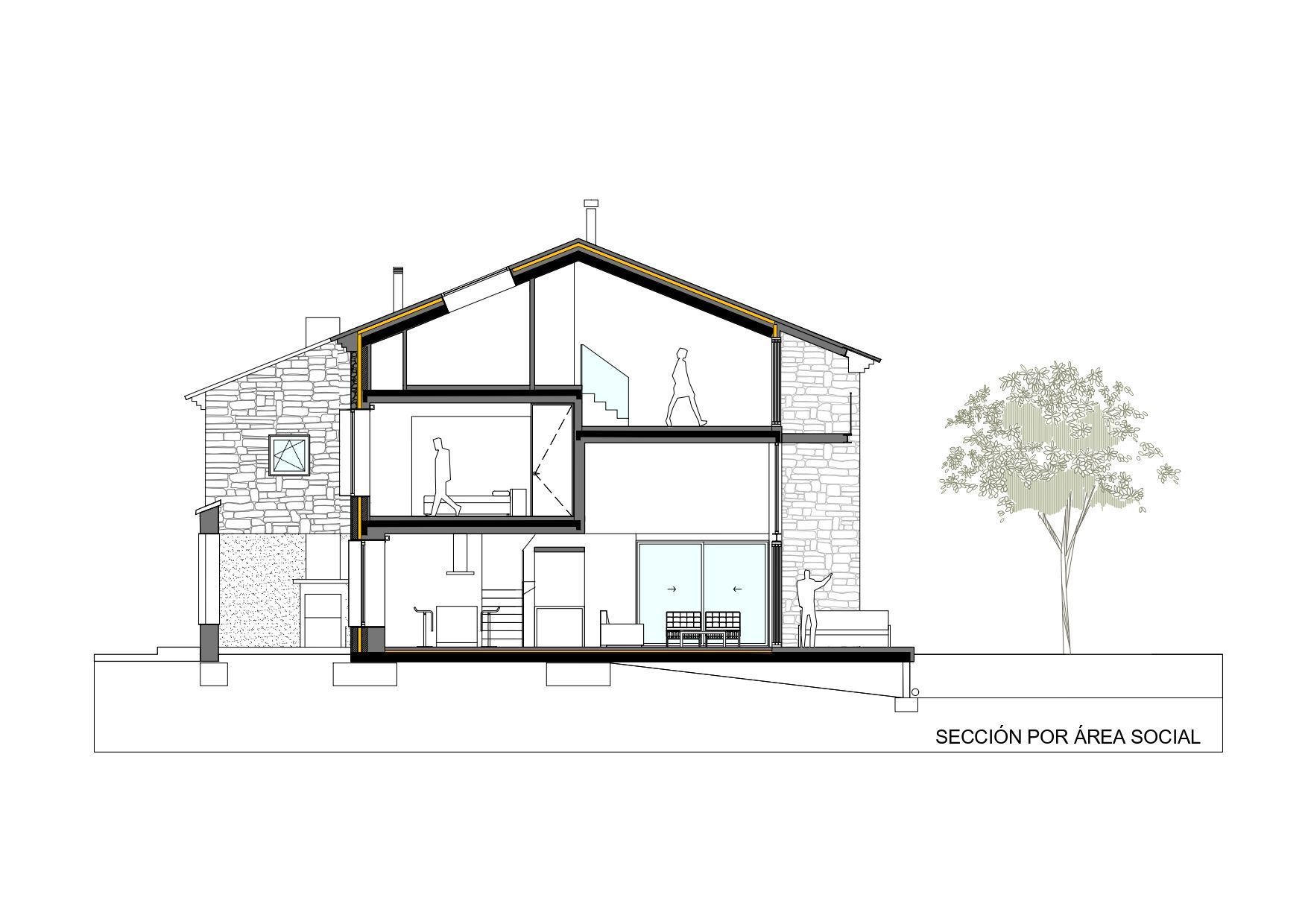 Dibujo de sección arquitectónica de una casa de dos plantas que muestra muros de piedra, varias habitaciones con figuras humanas, escaleras, una chimenea, muebles y un árbol en el exterior. Rotulado "SECCIÓN POR ÁREA SOCIAL".