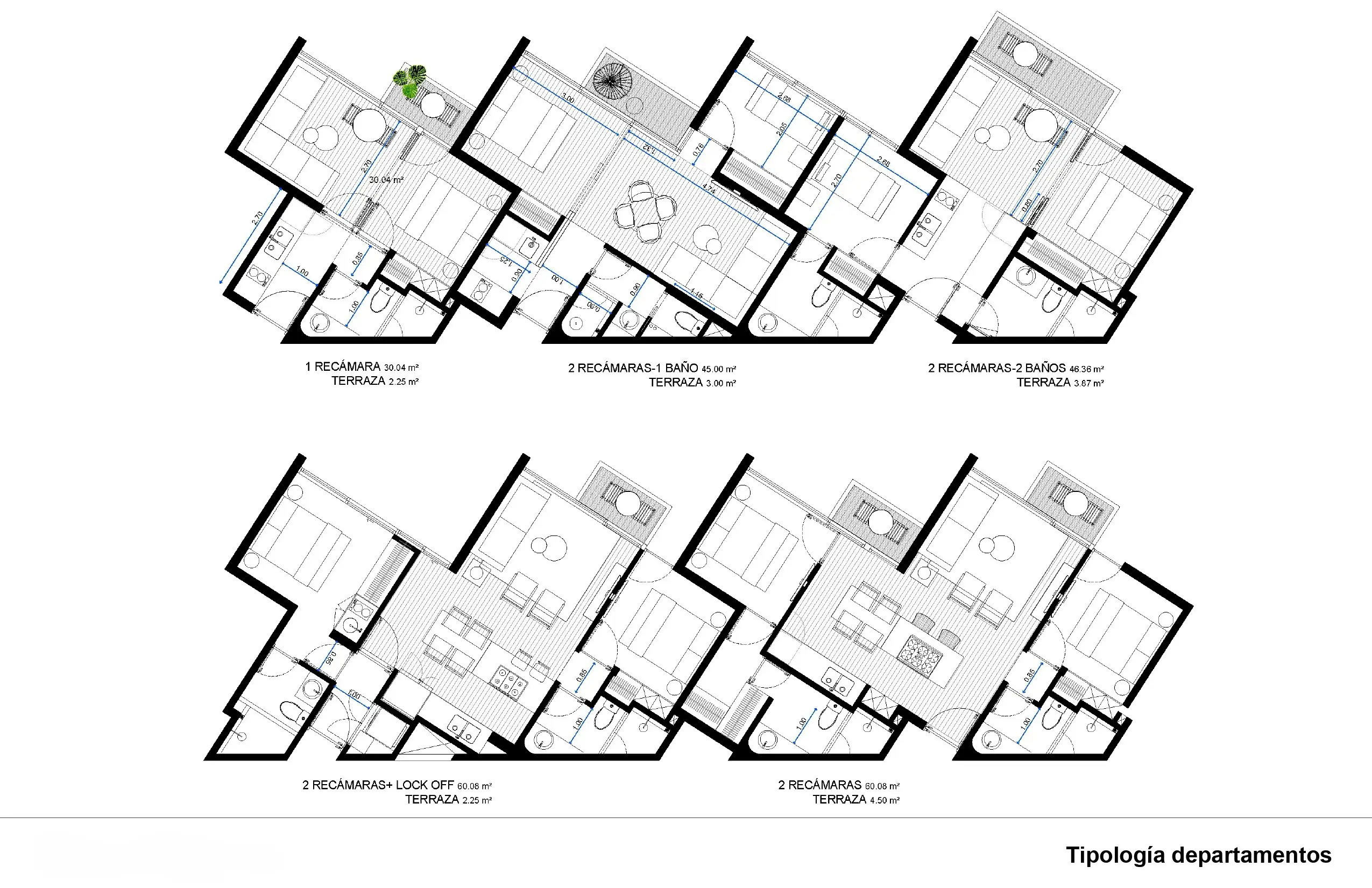 Planos arquitectónicos en blanco y negro de seis distribuciones diferentes de apartamentos, cada una de ellas etiquetada con el número de dormitorios, cuartos de baño y terrazas. La imagen se titula "Tipología departamentos.