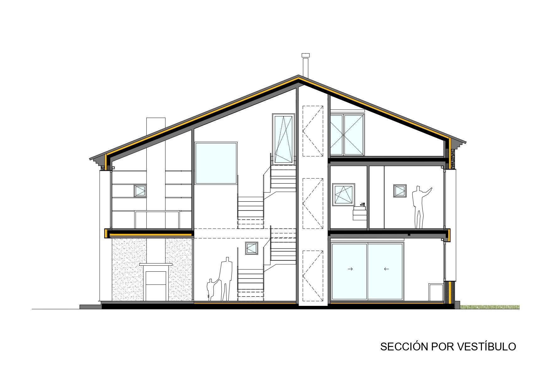 Dibujo de sección arquitectónica de una casa de dos plantas con escaleras, puertas y ventanas rotuladas. La imagen muestra detalles interiores y siluetas de personas a escala. Texto en la parte inferior derecha: "SECCIÓN POR VESTÍBULO.