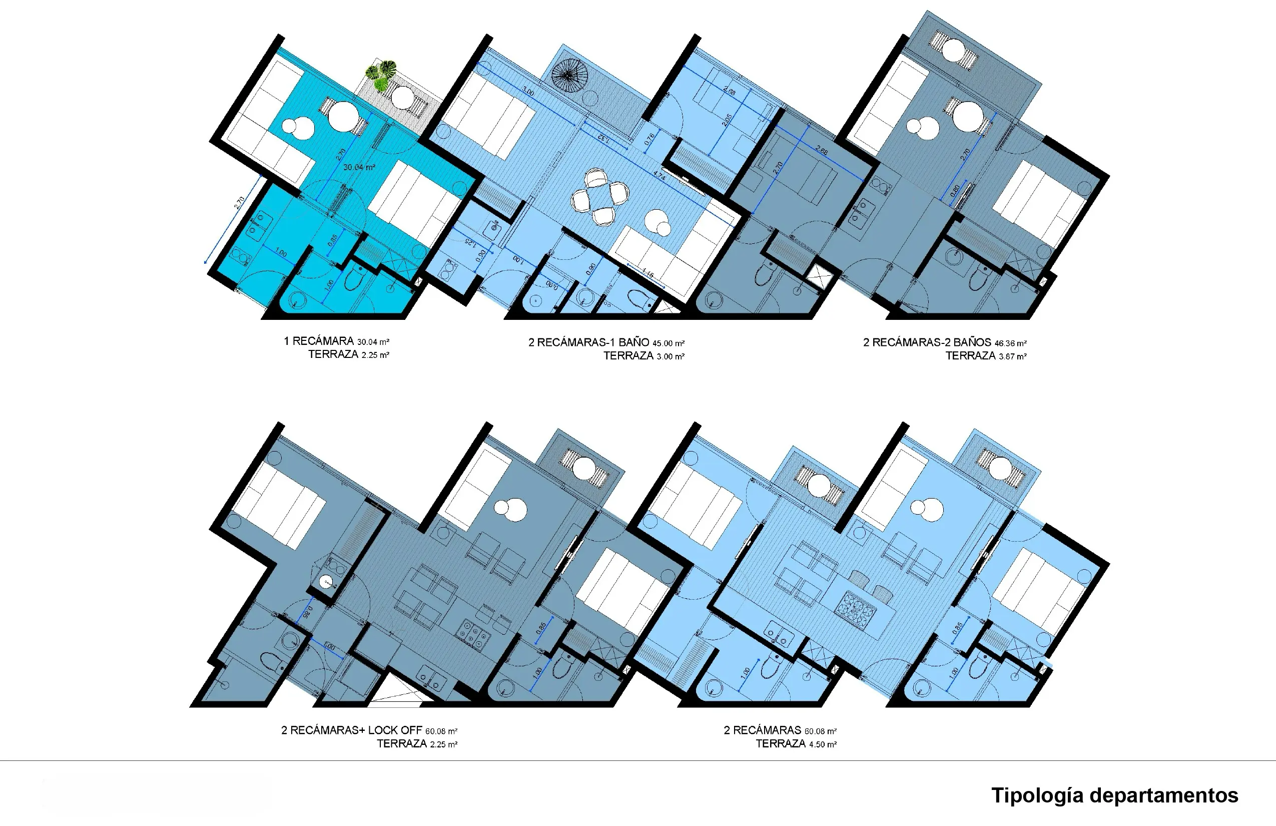 Seis planos diferentes de apartamentos mostrados en tonos azules, cada uno de ellos con distintas distribuciones de habitaciones, incluidos dormitorios, baños, cocinas, salones y terrazas. En cada plano se pueden ver etiquetas en español e iconos de las habitaciones.