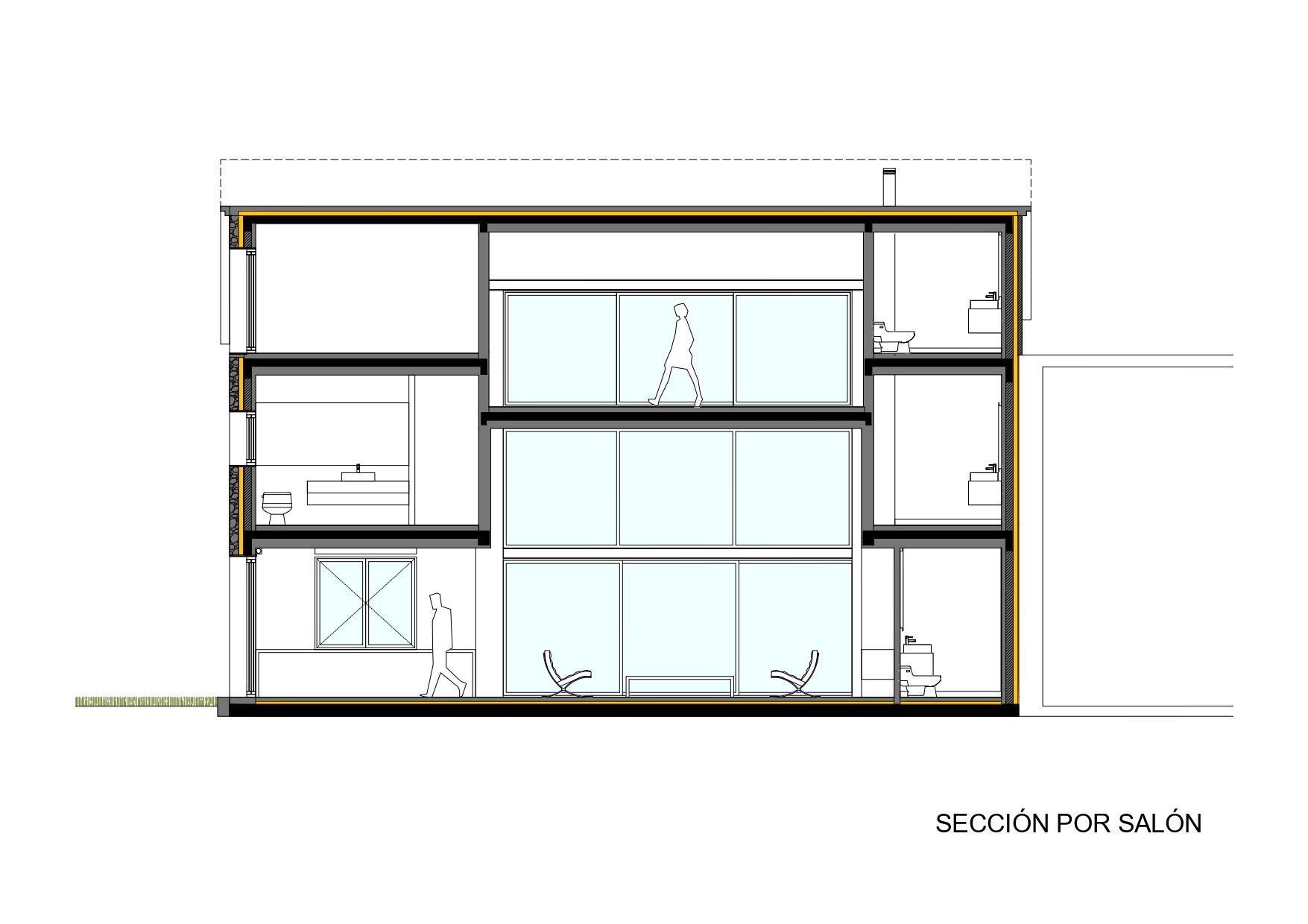 Plano de sección arquitectónica de un edificio de tres plantas titulado "SECCIÓN POR SALÓN", que muestra espacios interiores con mobiliario, ventanas, elementos estructurales y figuras humanas a escala.