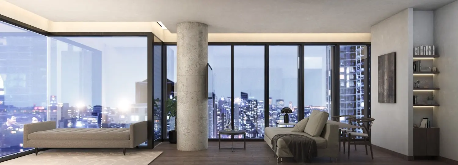 Moderno salón en un rascacielos con ventanas del suelo al techo, vistas al horizonte de la ciudad, muebles neutros, una columna redonda, estanterías con libros e iluminación tenue.