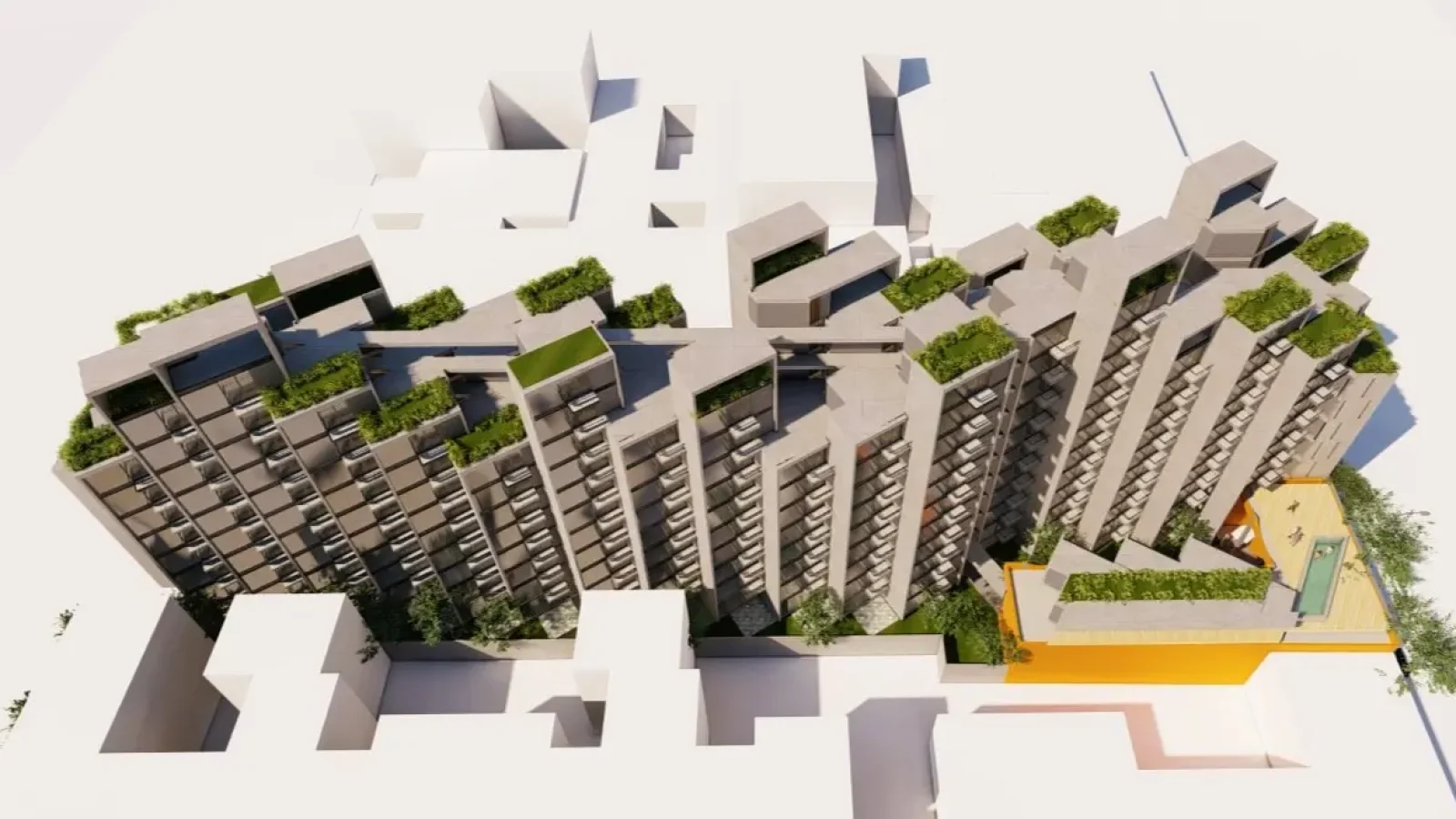 Vista aérea de un moderno edificio de apartamentos de varias plantas con un diseño angular y jardines en la azotea, rodeado de estructuras blancas abstractas que representan edificios cercanos.