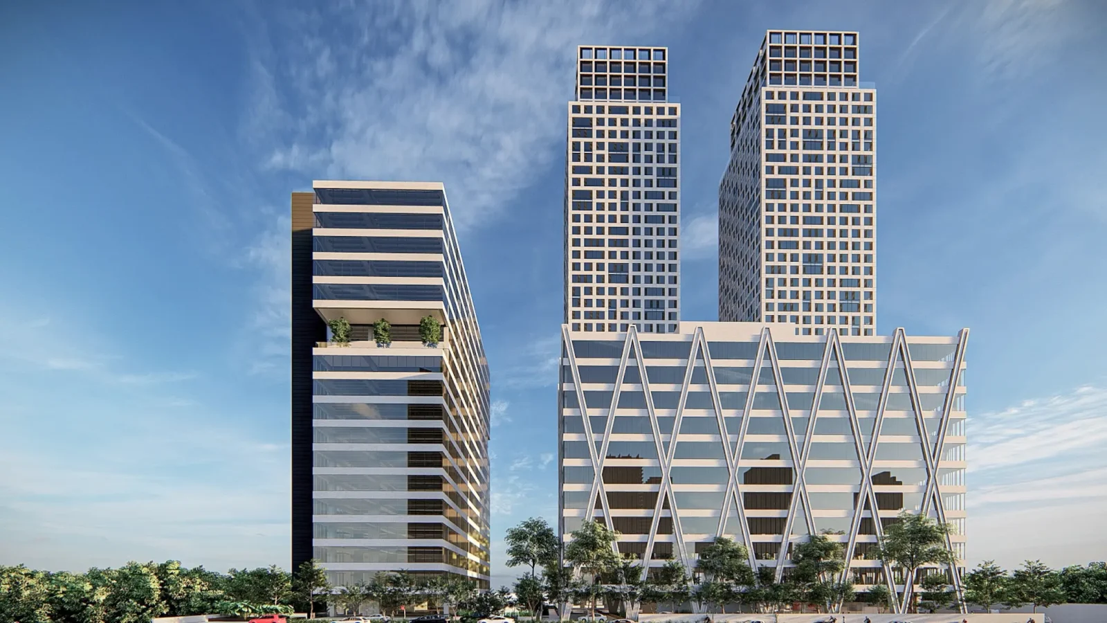 Tres modernos rascacielos con fachadas de cristal se levantan uno junto al otro bajo un cielo azul, con árboles y coches delante. El edificio situado más a la derecha presenta un característico diseño entrecruzado en su exterior.