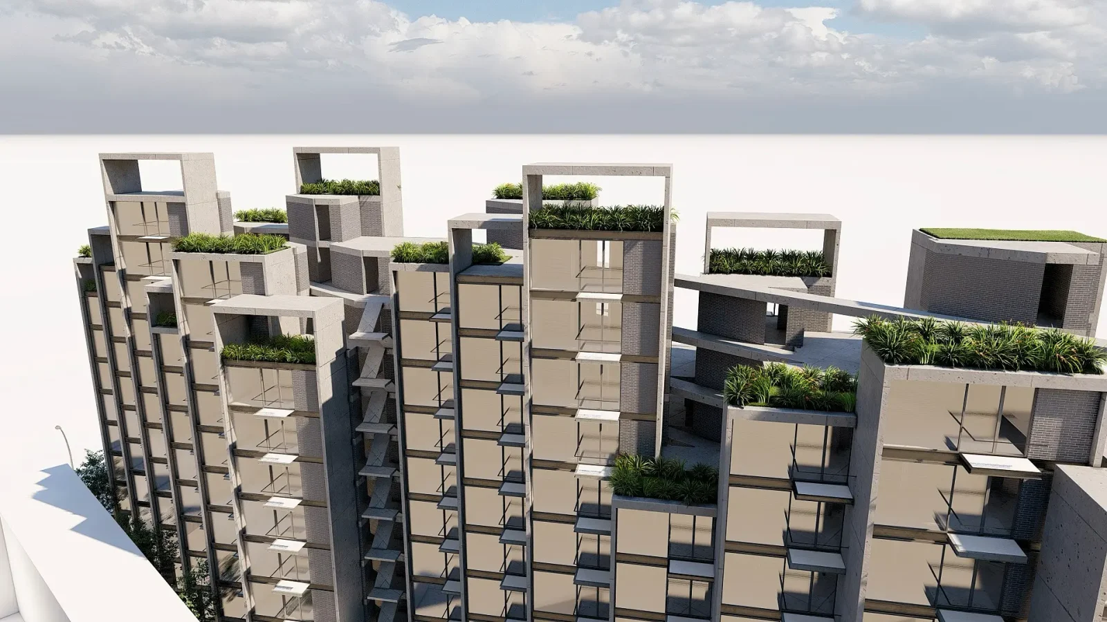 Un moderno edificio de apartamentos de varios pisos con grandes ventanales acristalados y terrazas cubiertas de plantas verdes, con elementos arquitectónicos geométricos y un cielo nublado de fondo.