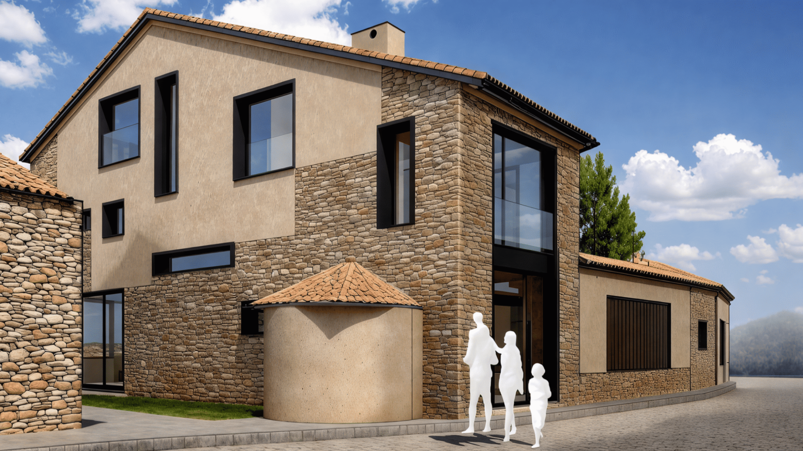 Una casa moderna con paredes de piedra y estuco de color tostado, grandes ventanas y tejado de tejas se alza en una calle curva. Delante del edificio hay tres siluetas blancas que representan a personas.
