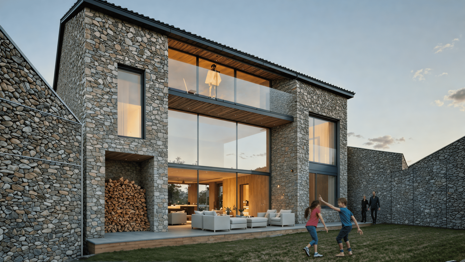 Una moderna casa de piedra con grandes ventanales de cristal, una zona para sentarse al aire libre y leña apilada. Dos niños juegan en el césped, mientras dos adultos están cerca y se ve a otra persona en el balcón al atardecer.