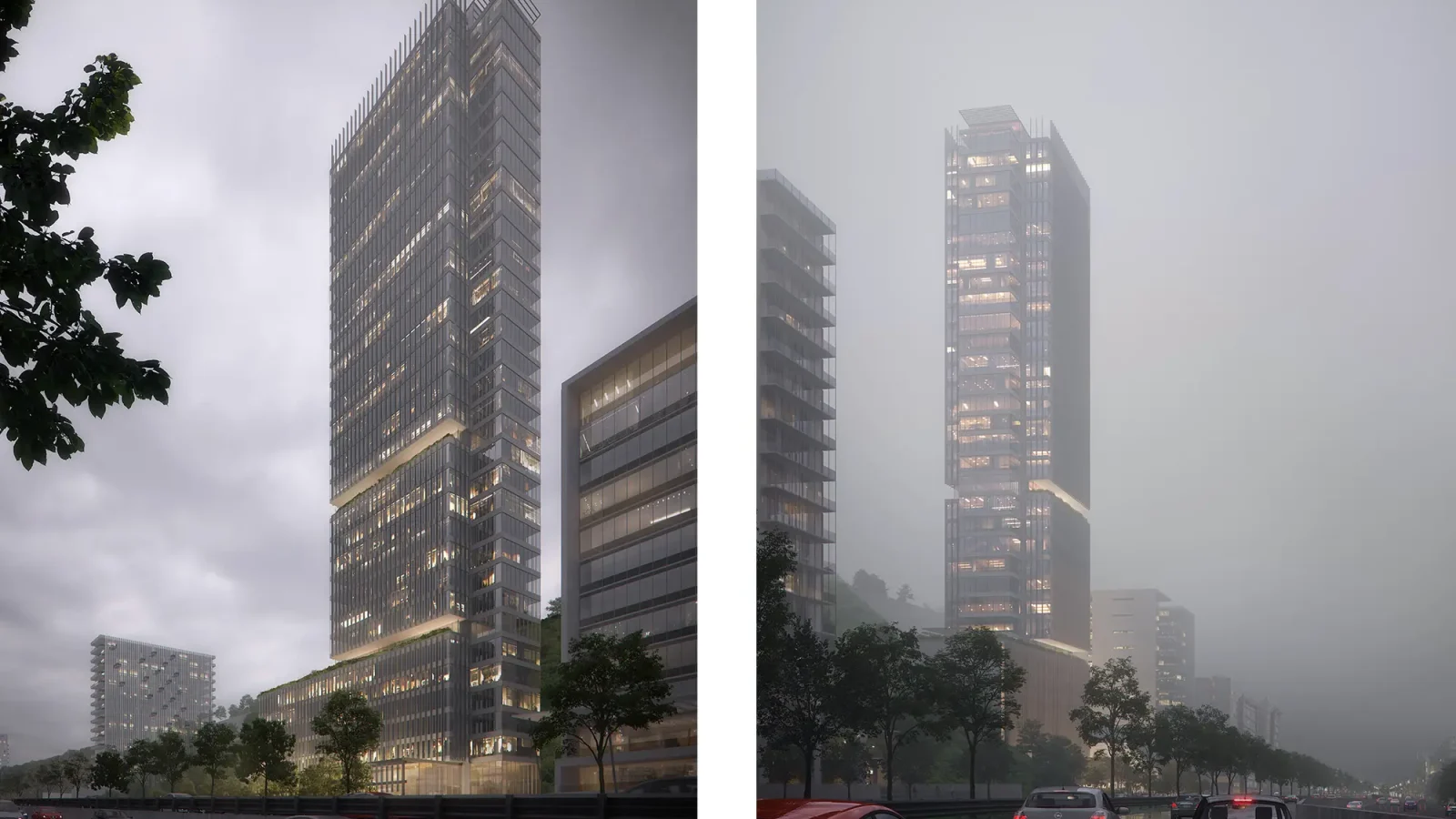 Dos imágenes de un moderno y alto edificio de oficinas de cristal al atardecer y con niebla; el rascacielos está iluminado, hay coches en la carretera y los árboles bordean la calle en un entorno urbano.