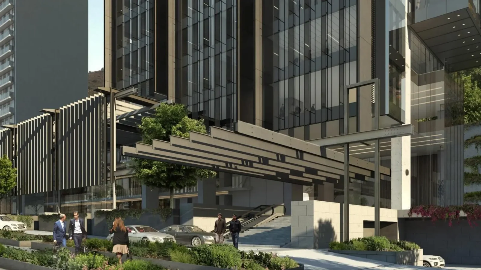 Un moderno edificio de oficinas con fachadas de cristal, zonas verdes ajardinadas y gente paseando y hablando en primer plano. Hay coches aparcados cerca de la entrada y unas vigas metálicas crean un voladizo geométrico sobre el camino.